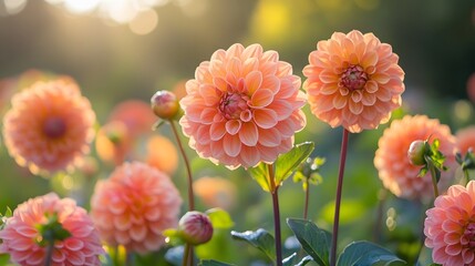Vivid pink and orange flowers bloom in a sunlit garden, surrounded by lush greenery and morning dew, radiating a cheerful spring vibe with soft natural bokeh.