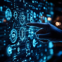 Fototapeta premium Digital Interface Futuristic Technology Data Analysis Hand Touching Screen