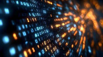 Closeup of binary code streams glowing on a digital screen representing data technology : Generative AI