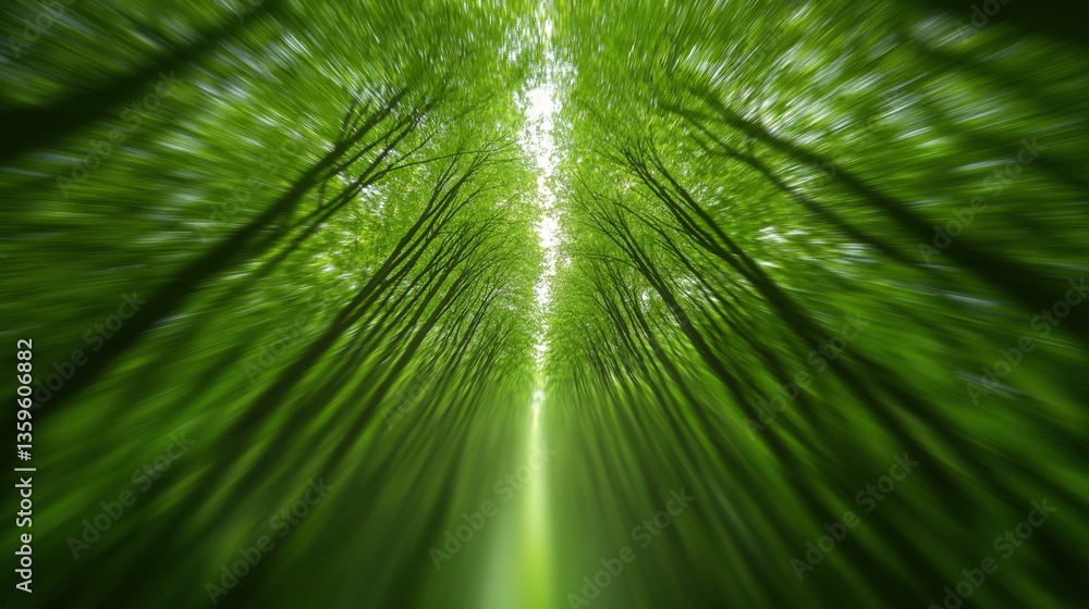 Poster Abstract View of a Tunnel Formed by Trees Shot from Below in Lush Green Forest with Soft Light