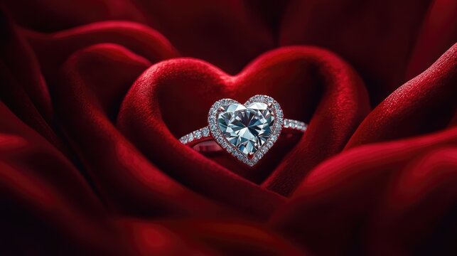 The beauty of a diamond engagement ring in a heart-shaped frame, resting delicately on luxurious red velvet fabric
