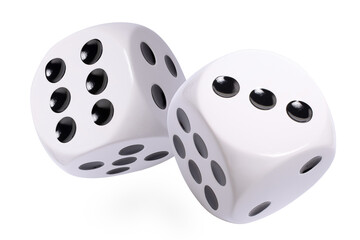 Isolated large white dice with black dots on white background, template of  dice, gambling addiction or table game concept, copy space