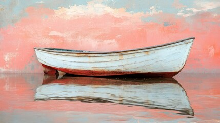Serene Reflection: A Weathered Rowboat at Rest