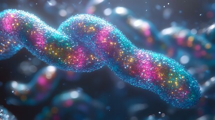 Obraz premium A structure made of glittering particles in blue, pink and gold. 3D Rendered Illustration, visualization of Neurons firing neurotransmitters in the synaptic gap