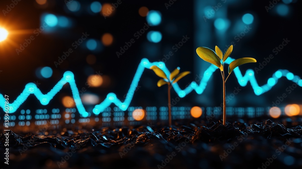 Poster eco concept of growth with seedlings against a backdrop of data graphs and digital visualization