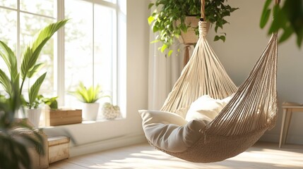 A hanging hammock chair with a soft cushion, gently swinging in a sunny corner digital