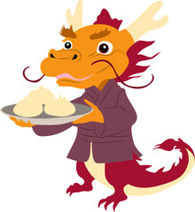 Hong Kong Chinese dragon in Hong Kong attire serving a plate of dim sum