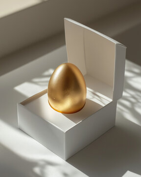 Elegant Easter Still Life: Fluffy White Rabbit Admiring Golden Egg on Minimalist Background
