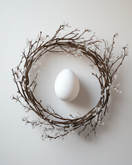 Minimalist Easter Elegance: White Egg in Delicate Branch Wreath on Clean White