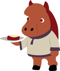 Iceland Icelandic horse in Viking attire offering a plate of Porramatur