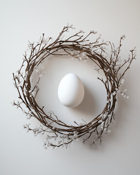 Minimalist Easter Elegance: White Egg in Delicate Branch Wreath on Clean White