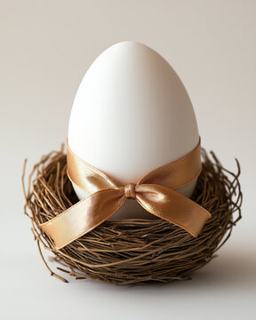 Luxury Easter Elegance: Gold-Ribboned White Egg in Woven Nest on White