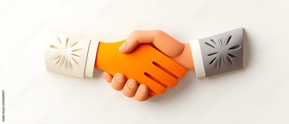Poster digital business handshake symbolizing collaboration in virtual spaces with papercut style design