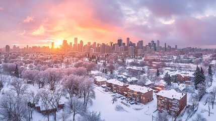 Obraz premium A breathtaking panoramic view of a snow-covered city, the skyline softly glowing under pastel dawn skies, delicate light casting a golden-pink sheen over the urban landscape 