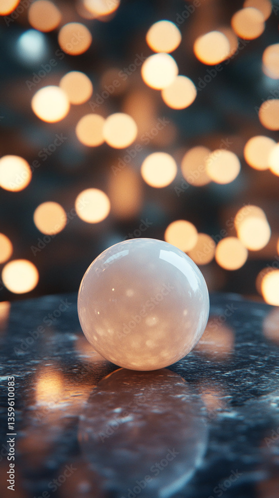 Poster Smooth, pale sphere rests on dark surface, bokeh lights background.  Showcase, product display concept. Minimalist, elegant aesthetic