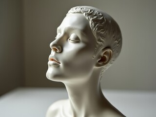 ceramic sculpture, mannequin. A white head with a mouth open and eyes closed. The head is a mannequin. The mannequin is in a pose of relaxation