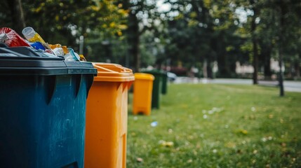 Fototapeta premium Colorful recycling bins line a park pathway on a sunny day as people enjoy the outdoors in a clean environment