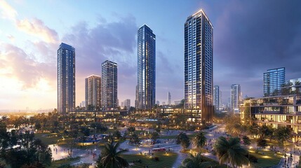 Obraz premium A capital city panorama, blending towering skyscrapers with expansive urban landscapes, vibrant business centers filled with life 