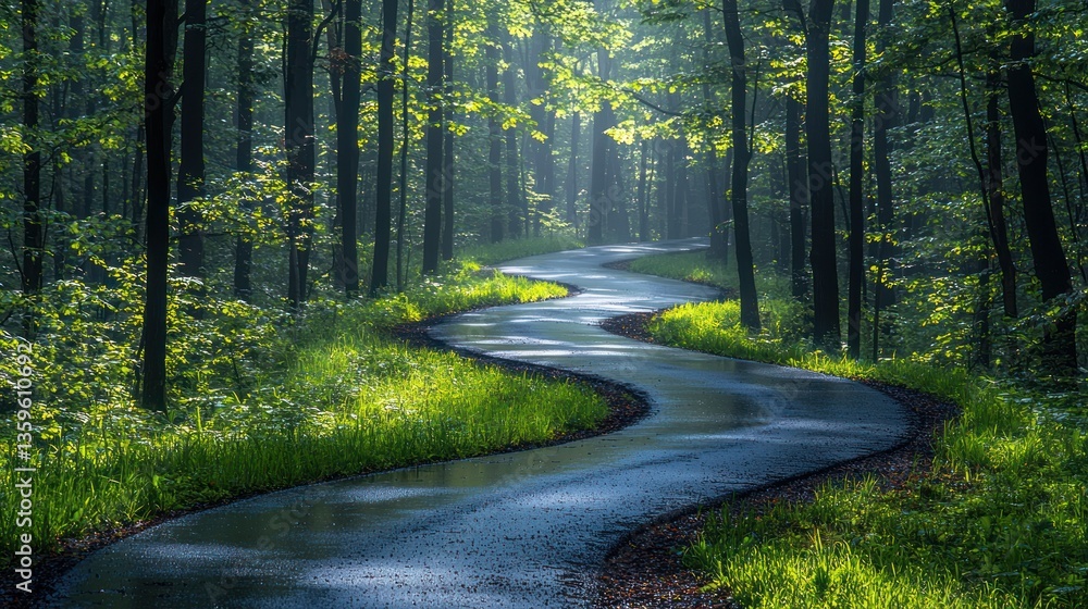 Poster winding path through lush forest illuminated by dappled sunlight streams