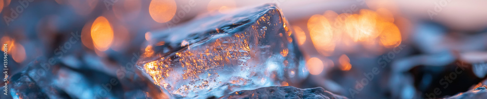 Poster large ice cube with out-of-focus bokeh background