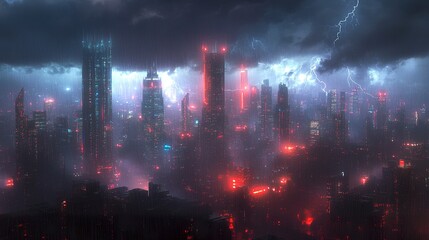 Fototapeta premium A city skyline silhouetted against a stormy night sky, bright streaks of lightning cutting through dense clouds, skyscrapers glowing faintly in the chaos, rain creating a misty atmosphere