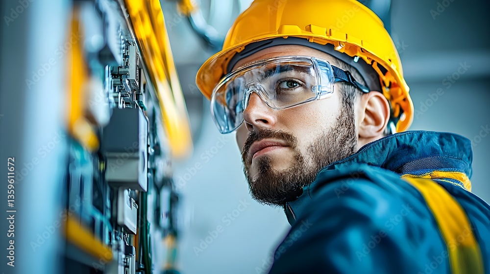 Aufkleber skilled man wearing protective safety goggles while engaged in setting up utilities in a constructio