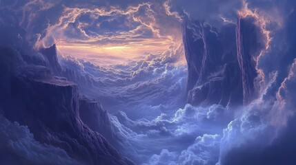 Fototapeta premium Ethereal landscape, Cliffs piercing through dreamy cloudscape at sunset