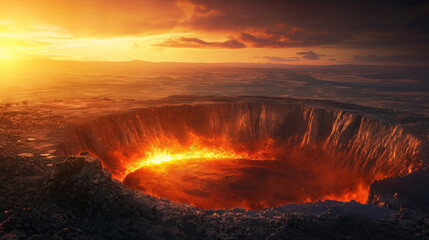 Ancient asteroid crater with glowing edges, showcasing dramatic climate shifts and prehistoric impact.