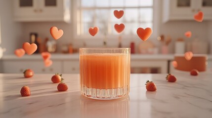 Pink smoothie in a glass, with floating hearts, on a marble countertop in a kitchen
