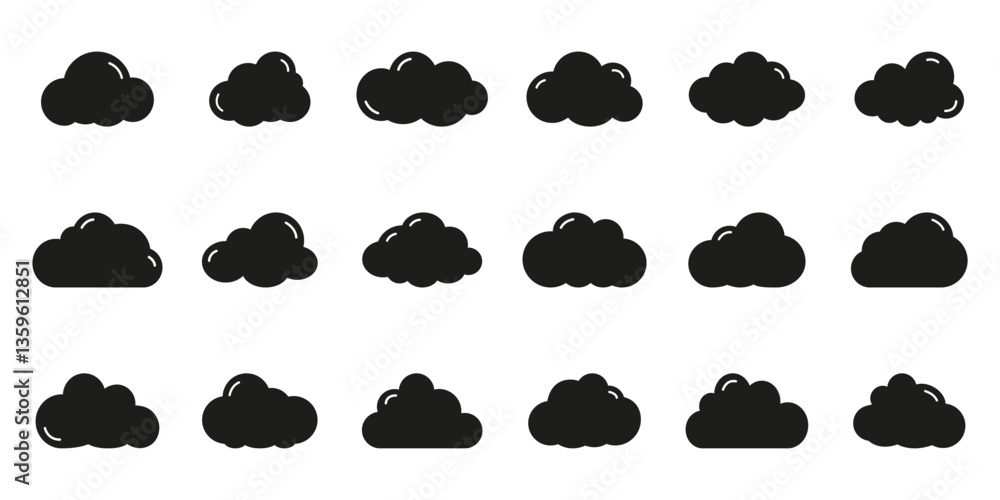 Poster cloud shapes solid icon set. collection of various cloud configurations in a minimal style silhouett