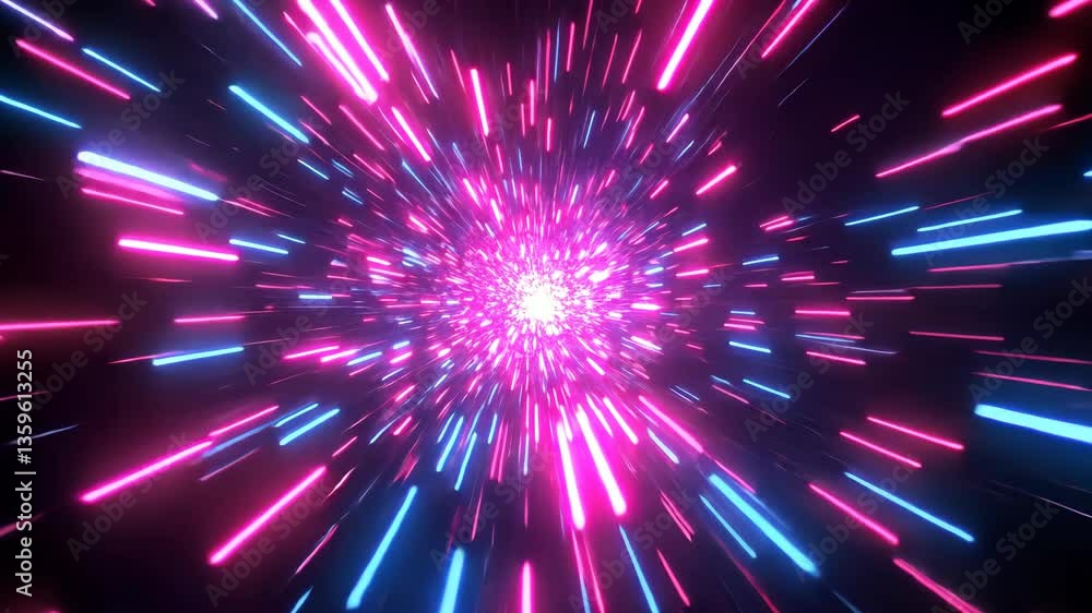 Poster dynamic light burst creating a vivid tunnel effect with vibrant pink and blue colors in a dark backg
