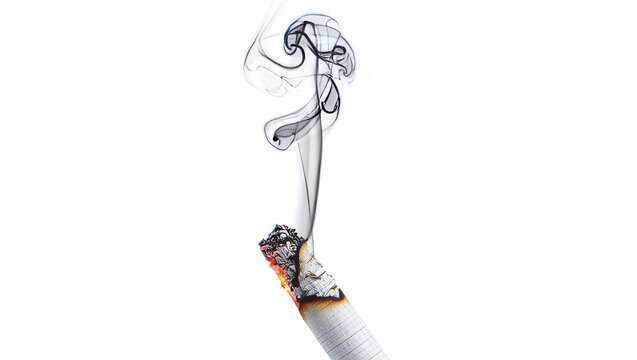 Burning cigarette with smoke on white background