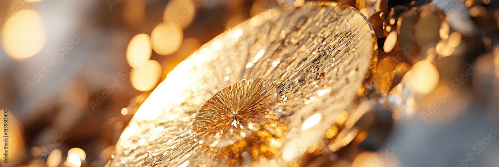 Poster close-up of gold textured circular object with bokeh lights