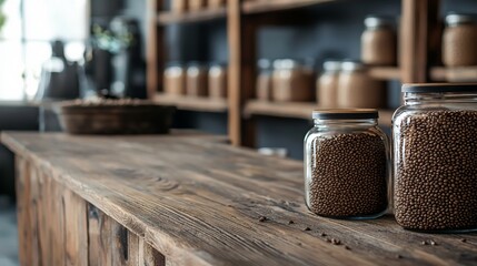 Rustic wooden counter with glass jars