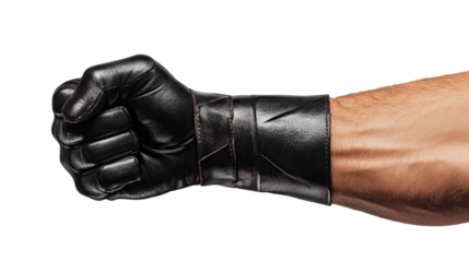 Png of Close-up of a masculine hand in a black leather glove, showing strength and determination on transparent background.
