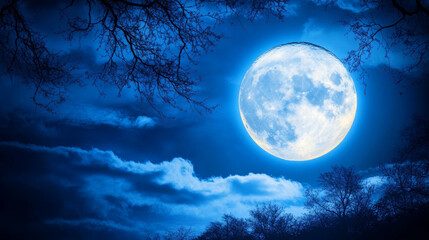 Naklejka premium Glowing full moon in a dark night sky with silhouettes of tree branches and drifting clouds, perfect for seasonal themes, Halloween, nighttime stories, astronomy, meditation, and nature-based