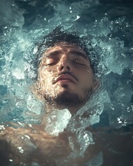 Ice baths and cold therapy recovery. Submerged Man in Icy Water, Underwater Portrait