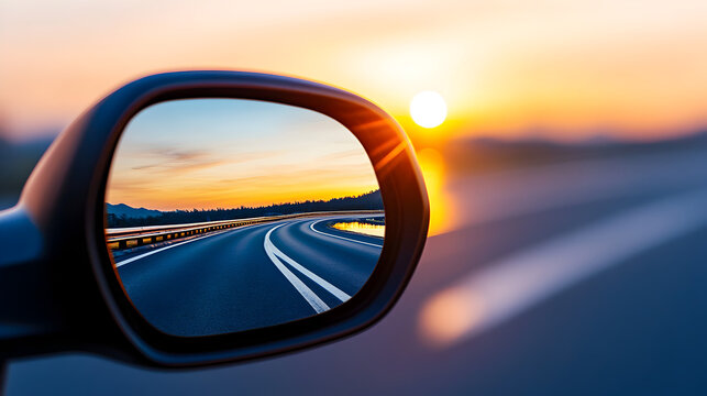 Rearview mirror reflection of a winding road at sunset, symbolizing nostalgia and reminiscence of past 