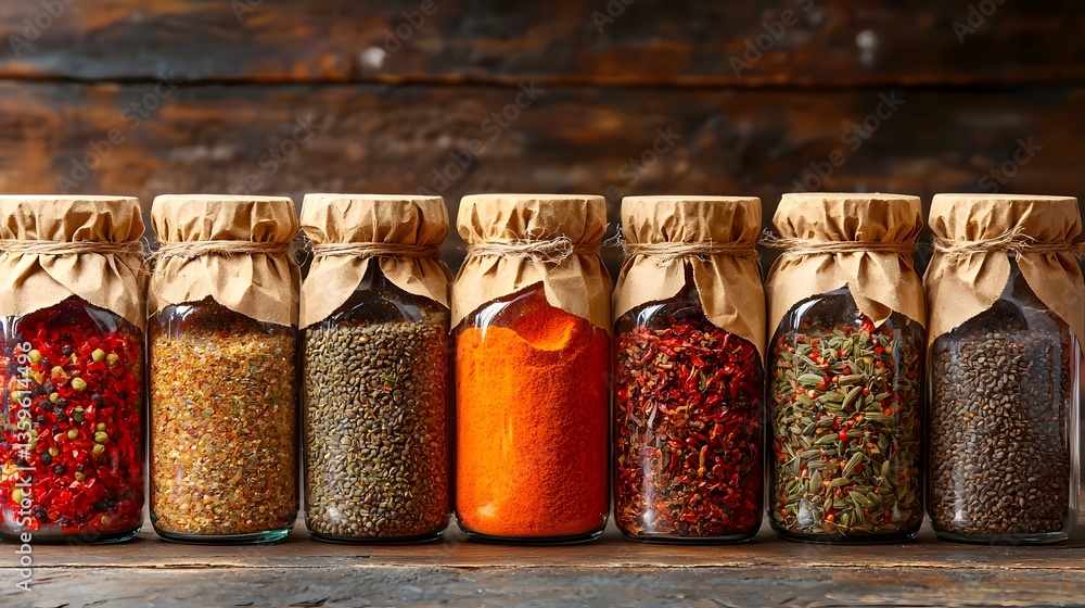 Poster a colorful array of spices in glass jars perfectly organized on a rustic wooden table for culinary e