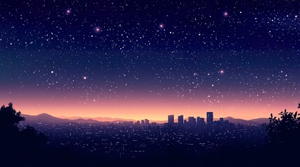 Naklejka premium A glowing urban skyline at night, crisp stars shining brightly in a deep indigo sky, a faint silhouette of distant hills framing the city 