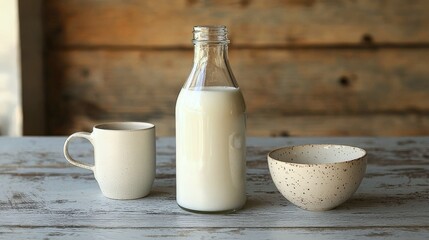 Minimalistic still life featuring a glass milk bottle and ceramic cup on wooden table
