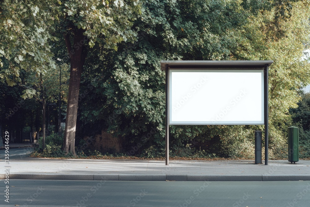 Poster detailed visual of billboard at bus stop in front of trees
