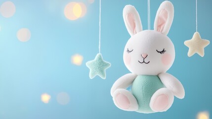 Fototapeta premium Adorable Plush Bunny Toy Hanging with Pastel Stars on Blue Background