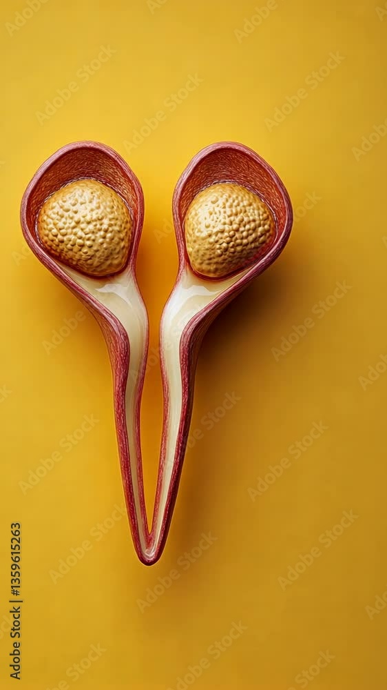 Poster artistic representation of two abstract seed forms on a vibrant yellow background highlighting shape