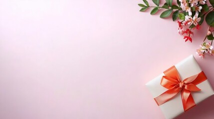 Elegant Gift Box with Orange Ribbon   Flowers on Pink Background