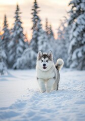 Fluffy Alaskan Malamute Puppy Dog Playing in Snowy Winter Landscape