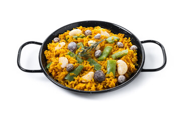Traditional Valencian paella with rabbit, chicken, garrofon beans, snails, Moroccan green beans and...