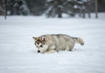 Obraz premium Fluffy Alaskan Malamute Puppy Dog Playing in Snowy Winter Landscape