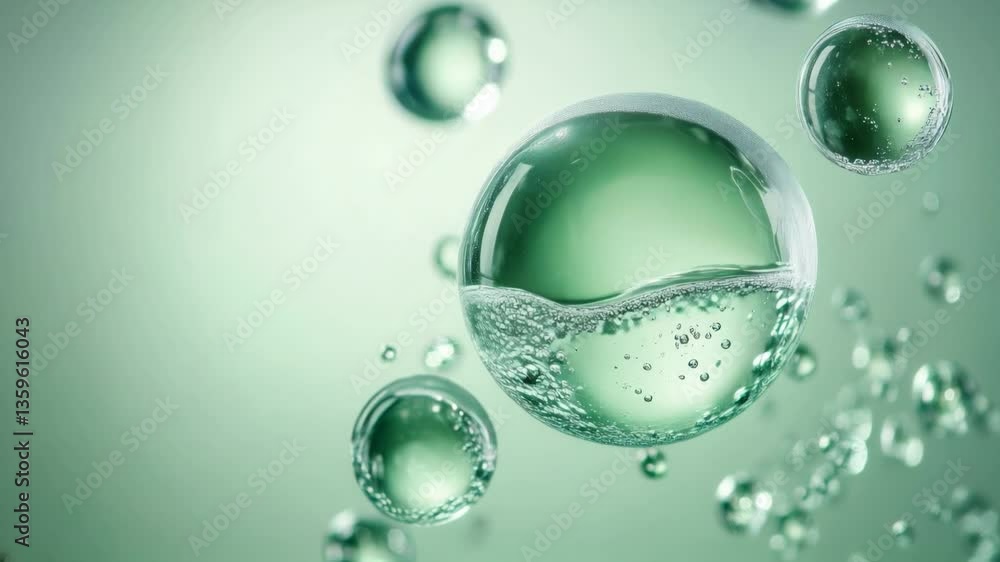 Poster bubbles floating in a green-toned background create a calming atmosphere for relaxation and mindfuln