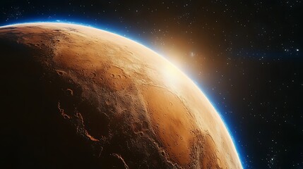Naklejka premium Sunrise Over a Cratered Planet in Space, A stunning view of a planet's surface with a sunrise on the horizon, showcasing craters and a reddish hue